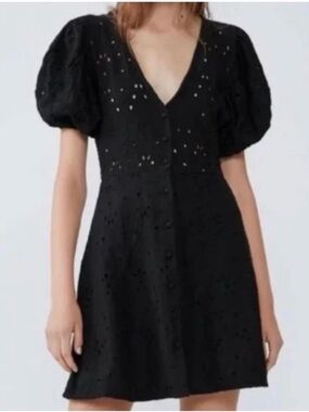 Zara Black Puff-Sleeve Eyelet Mini Dress